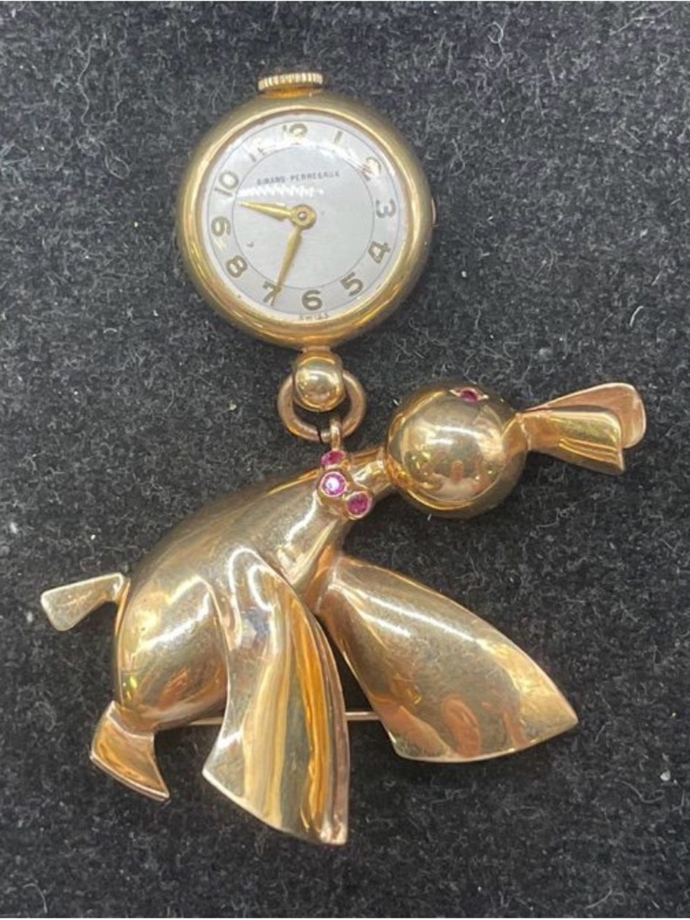 14kt Gold and Ruby Girard Perregaux Bird Watch Brooch total wt 17.62 grams